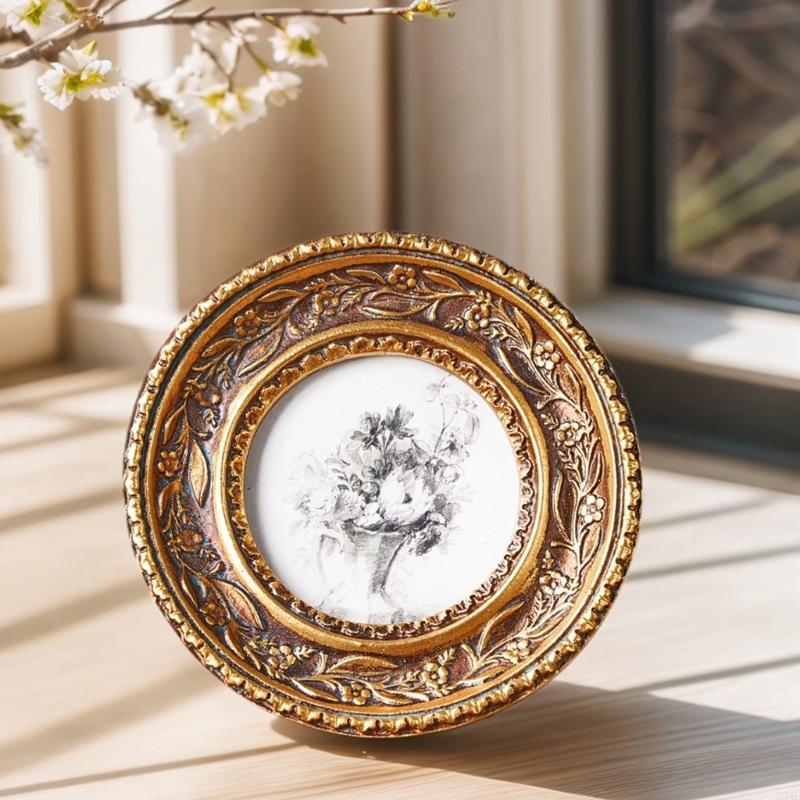 Desk Setup Photo - Antique Bronze Gold Round Photo Frame