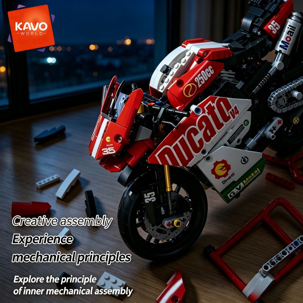 Desk Setup Red - KAVOWORLD 883PCS 1:10 Racing Motorcycle Building